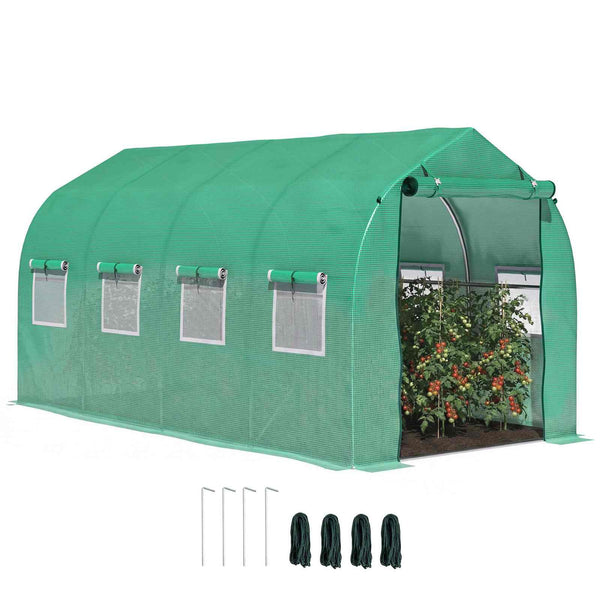 Serre tunnel de 4 x 2 m à renforts obliques, avec porte zippée et huit fenêtres