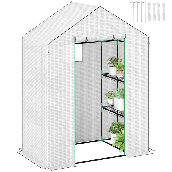 Mini serre de jardin à étagères de 143 × 74 × 190 cm avec porte zippée et trois fenêtres