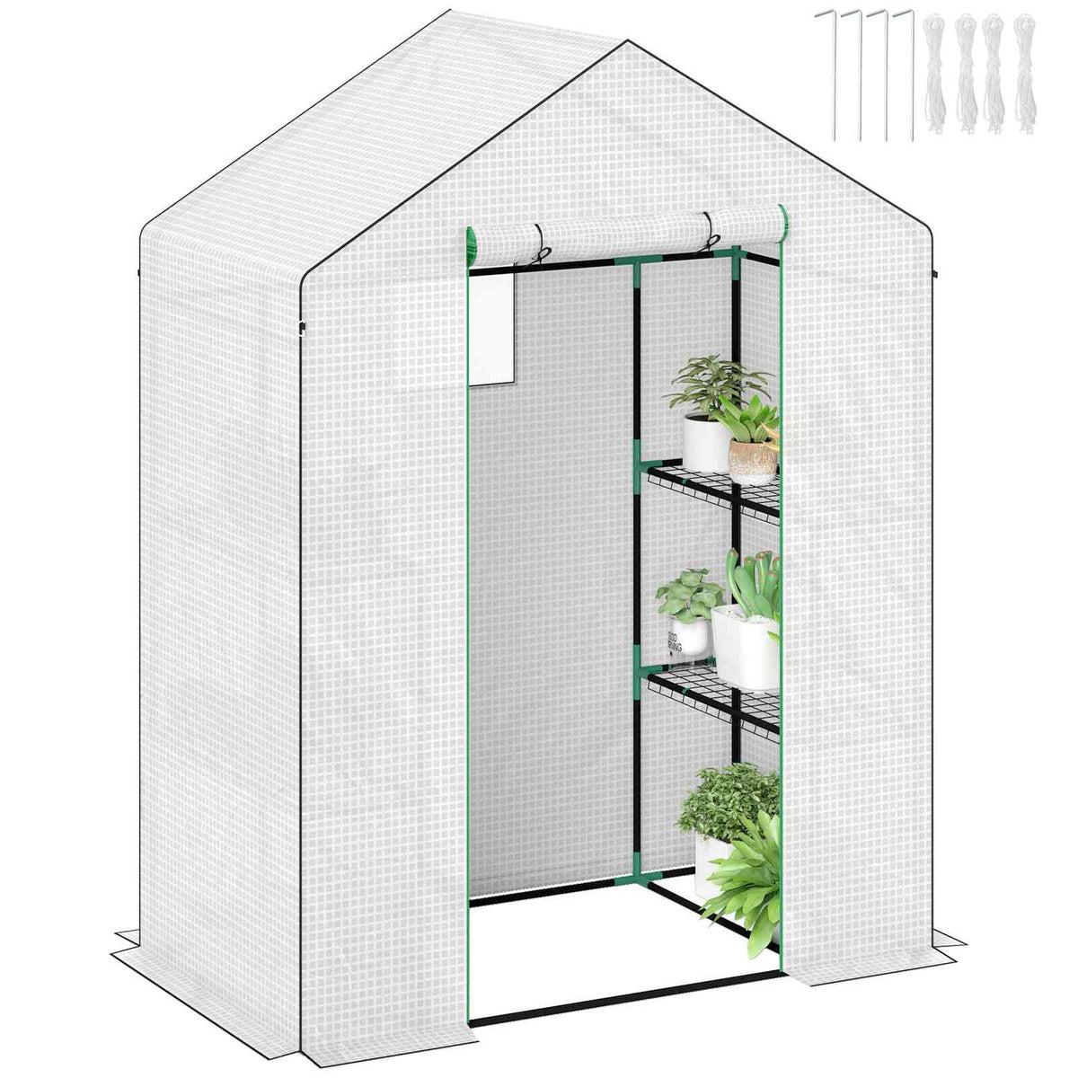 Mini serre de jardin à étagères de 143 × 74 × 190 cm avec porte zippée et trois fenêtres