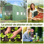 Serre tunnel et exemples de cultures de fruits, légumes et fleurs