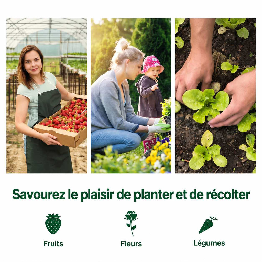 Personnes récoltant et plantant des fruits, fleurs et légumes
