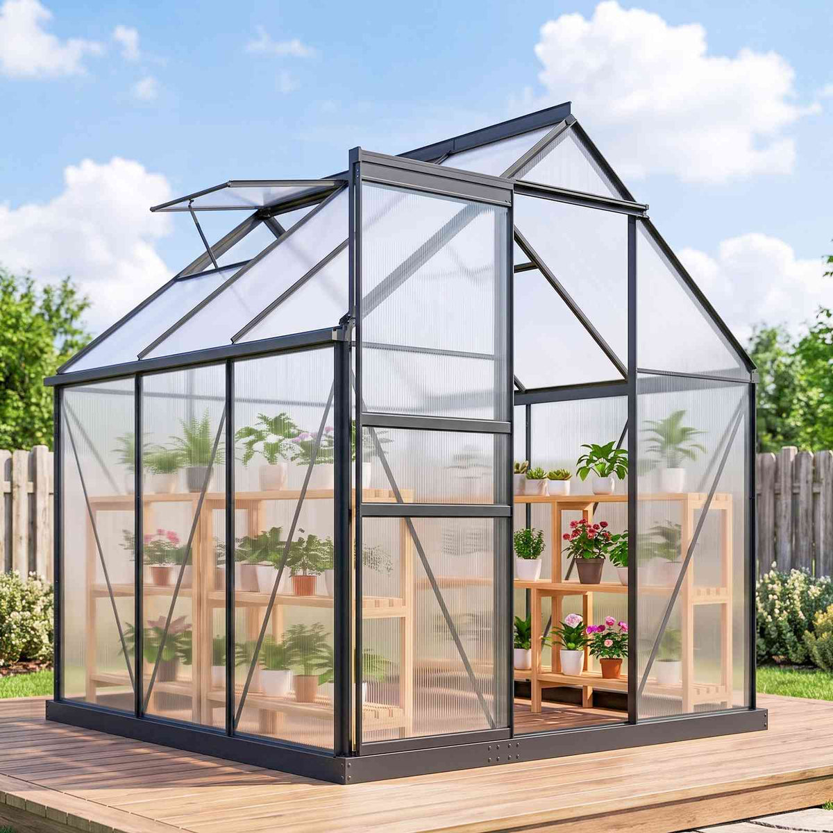 Serre gris foncé aménagée de plantes sur une terrasse en bois