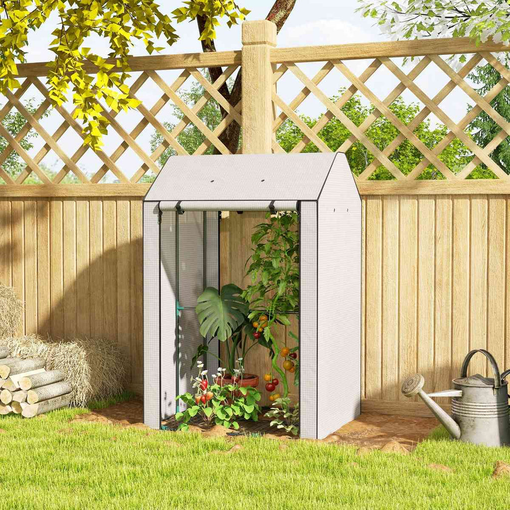 Serre blanche avec tomates et fleurs près d’une clôture