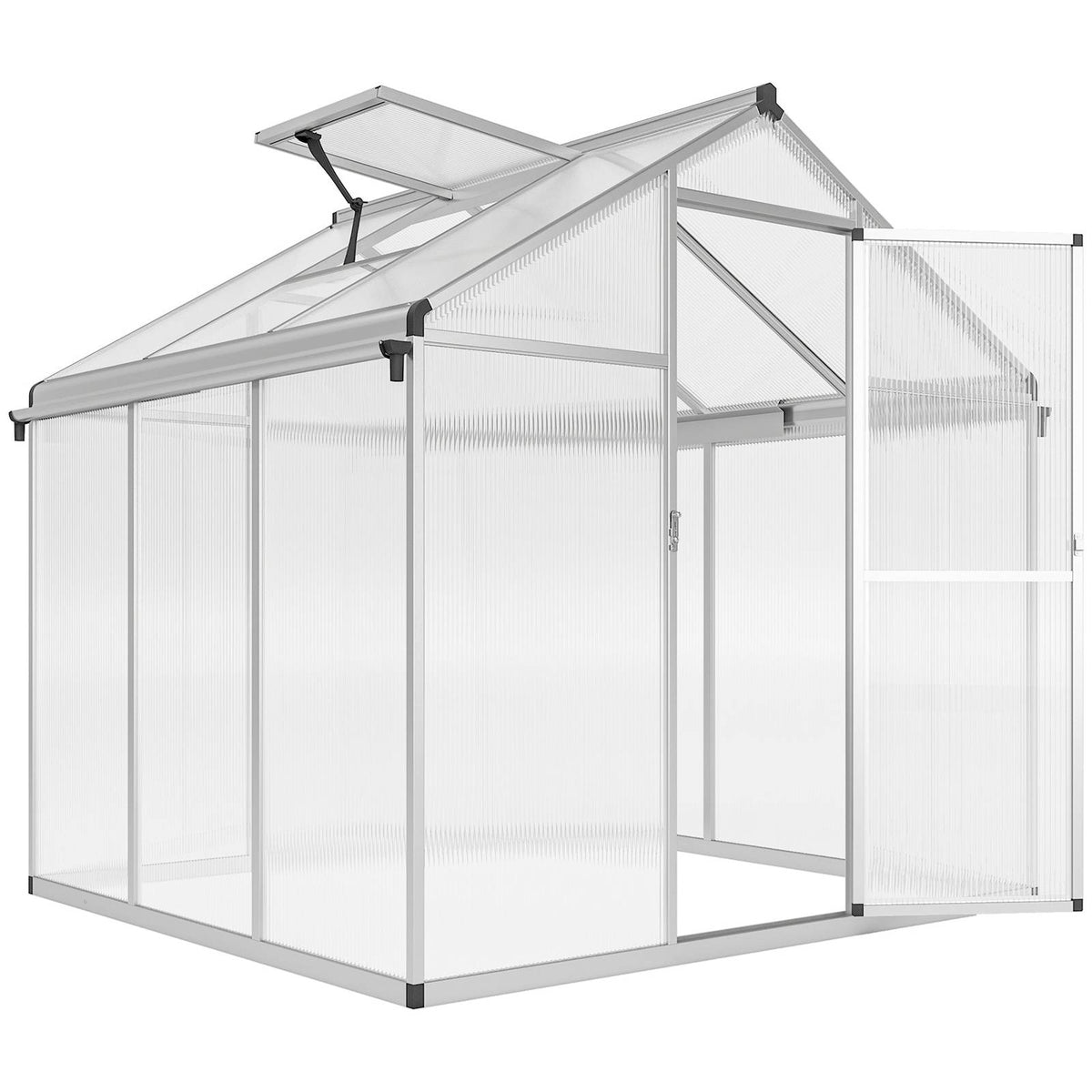 Serre en polycarbonate avec porte et lucarne ouvertes
