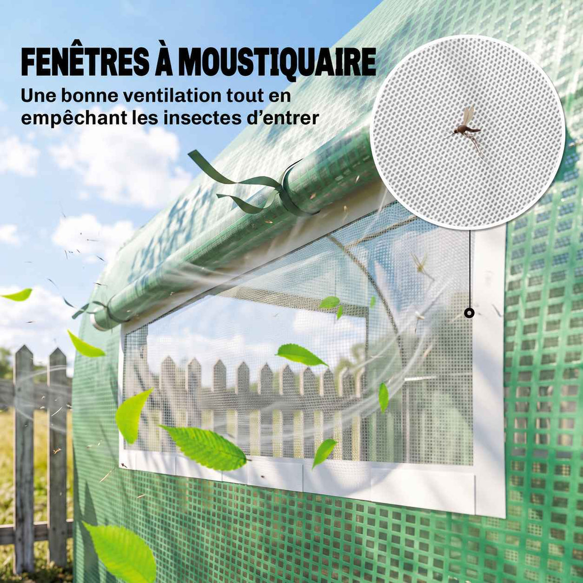 Détail d’une fenêtre à moustiquaire de la serre tunnel verte