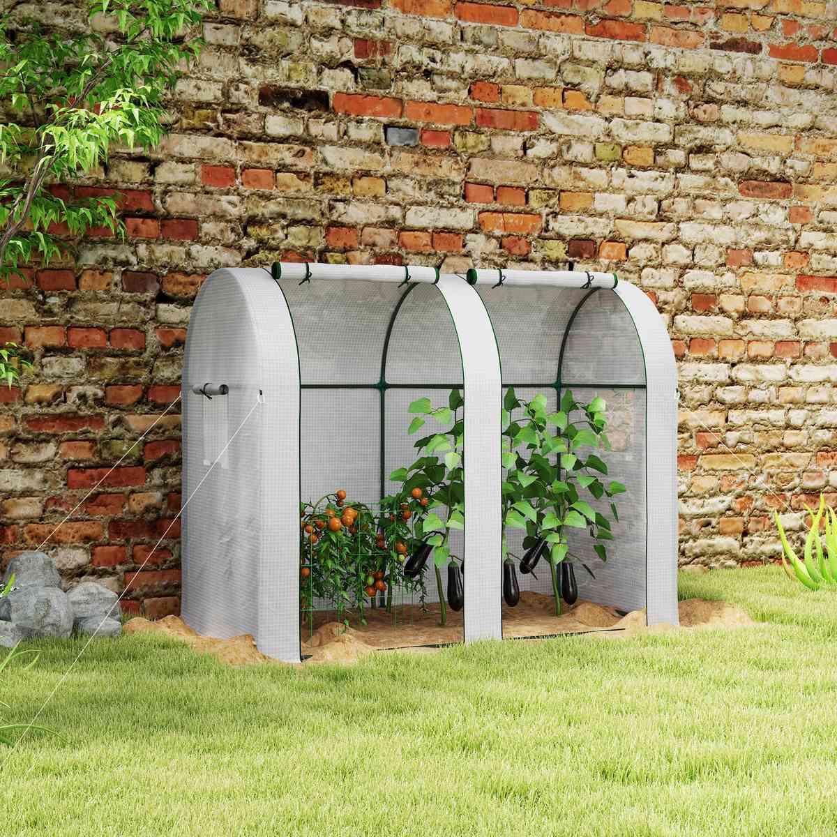 Serre blanche à deux compartiments avec légumes contre un mur en briques