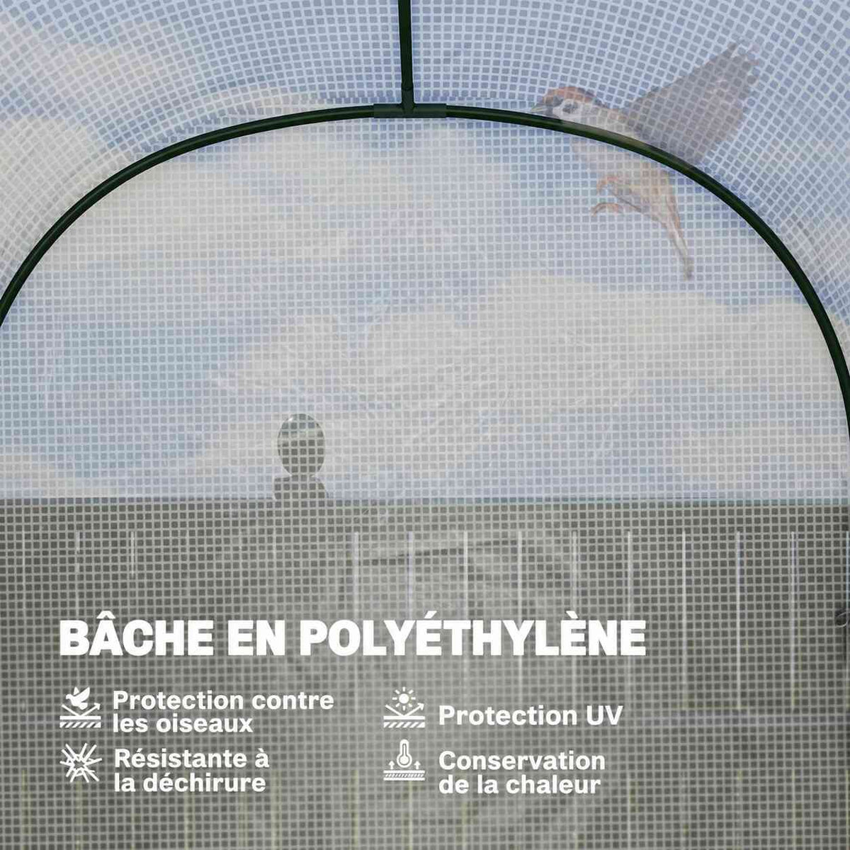 Détail intérieur de la housse blanche et des arceaux verts de la serre