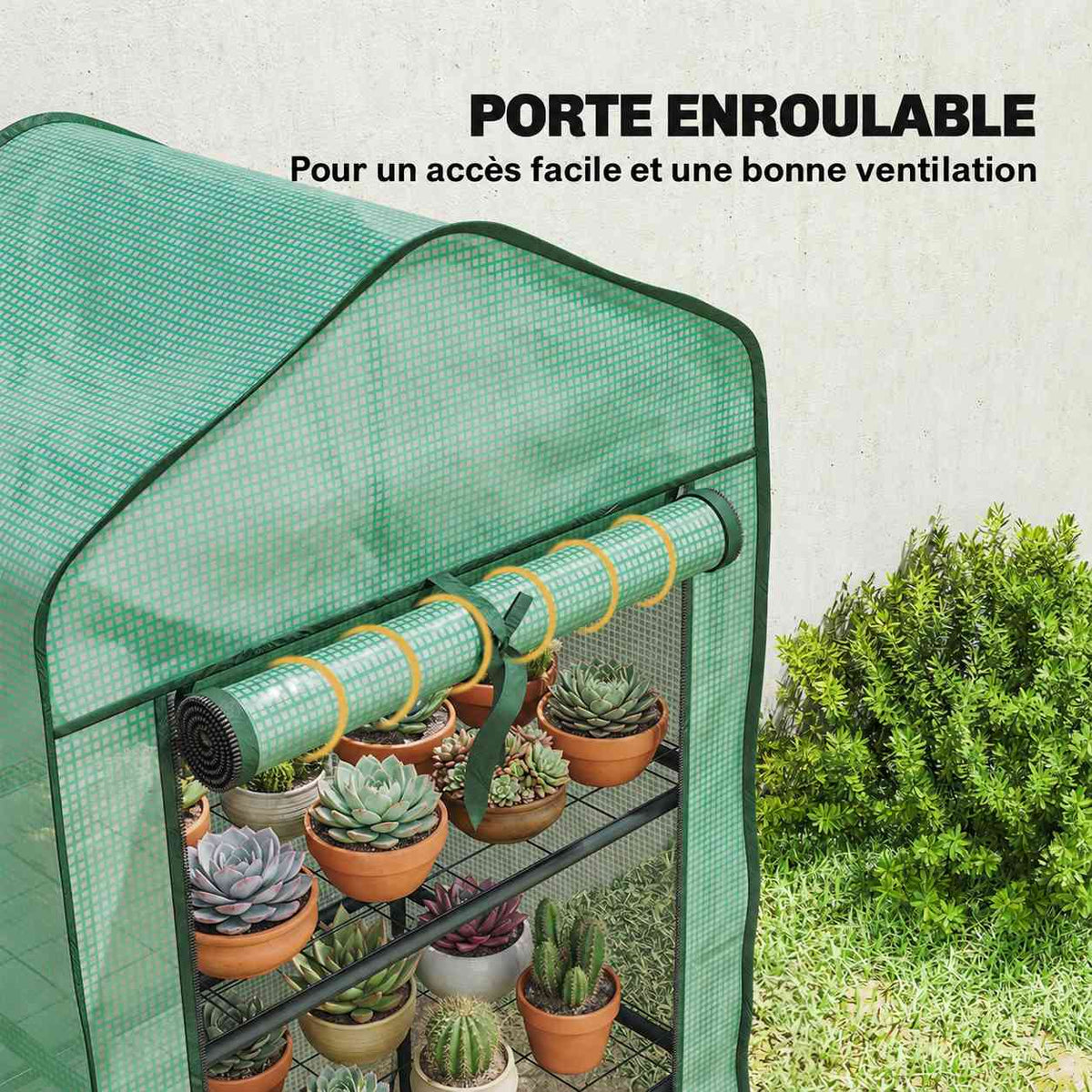 Détail de la porte enroulée de la mini serre verte