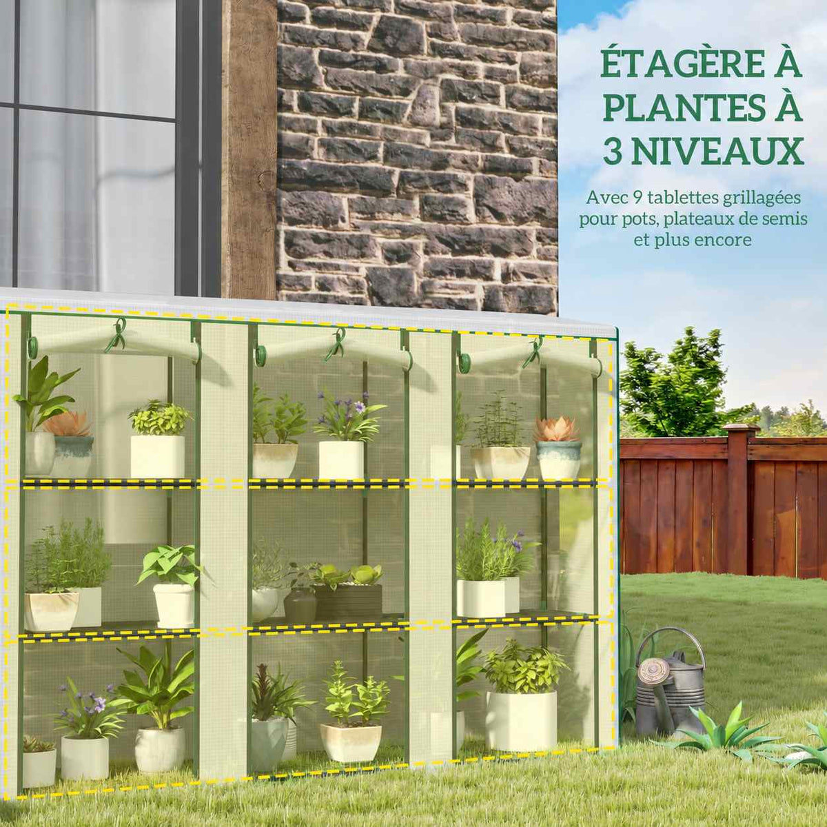 Serre de balcon blanche avec plantes sur neuf tablettes en trois colonnes