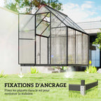 Serre noire avec illustration des fixations de la base au sol