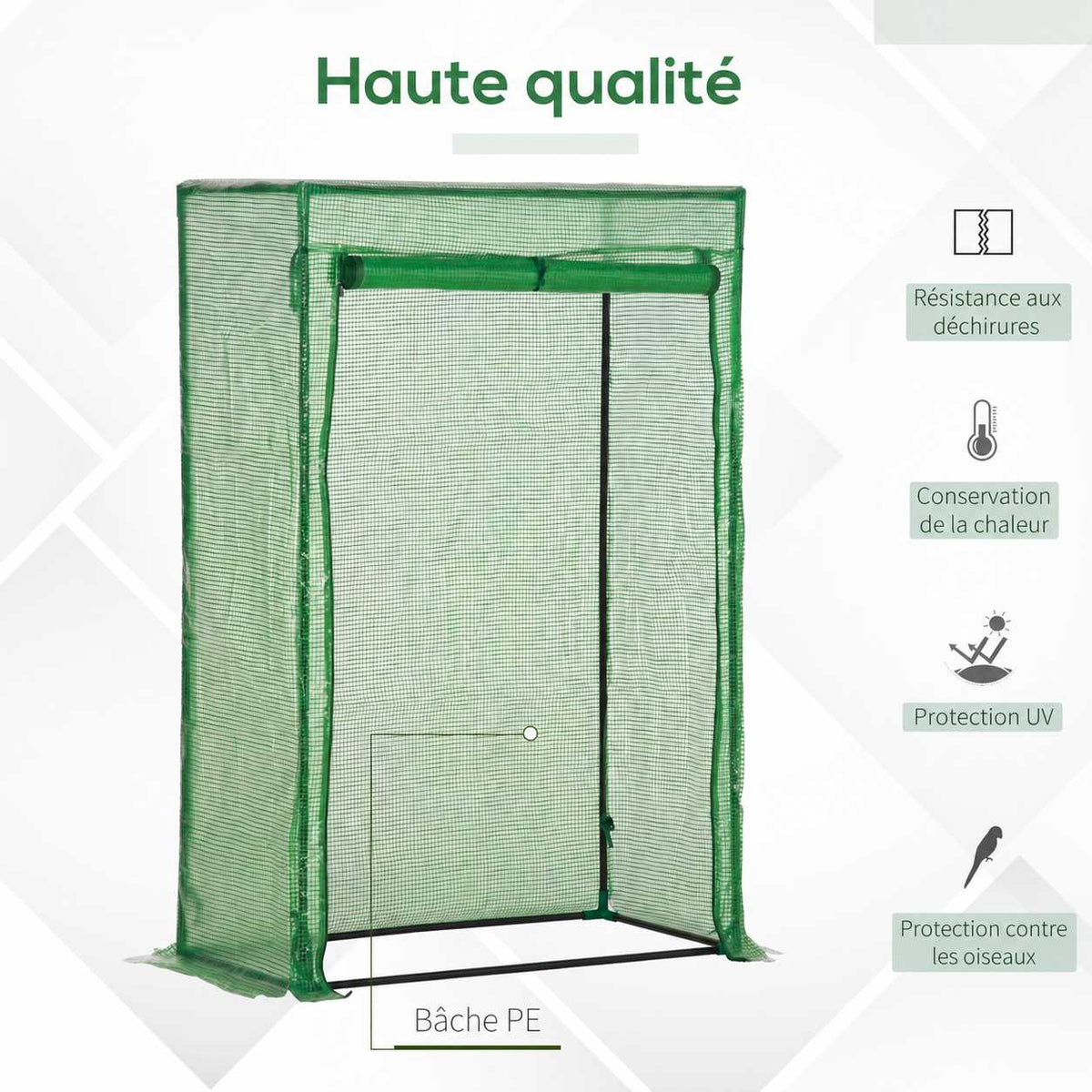 Présentation de la housse verte tramée de la serre à tomates