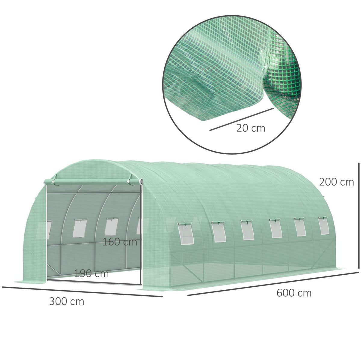 Dimensions de la serre tunnel verte : 600 x 300 x 200 cm