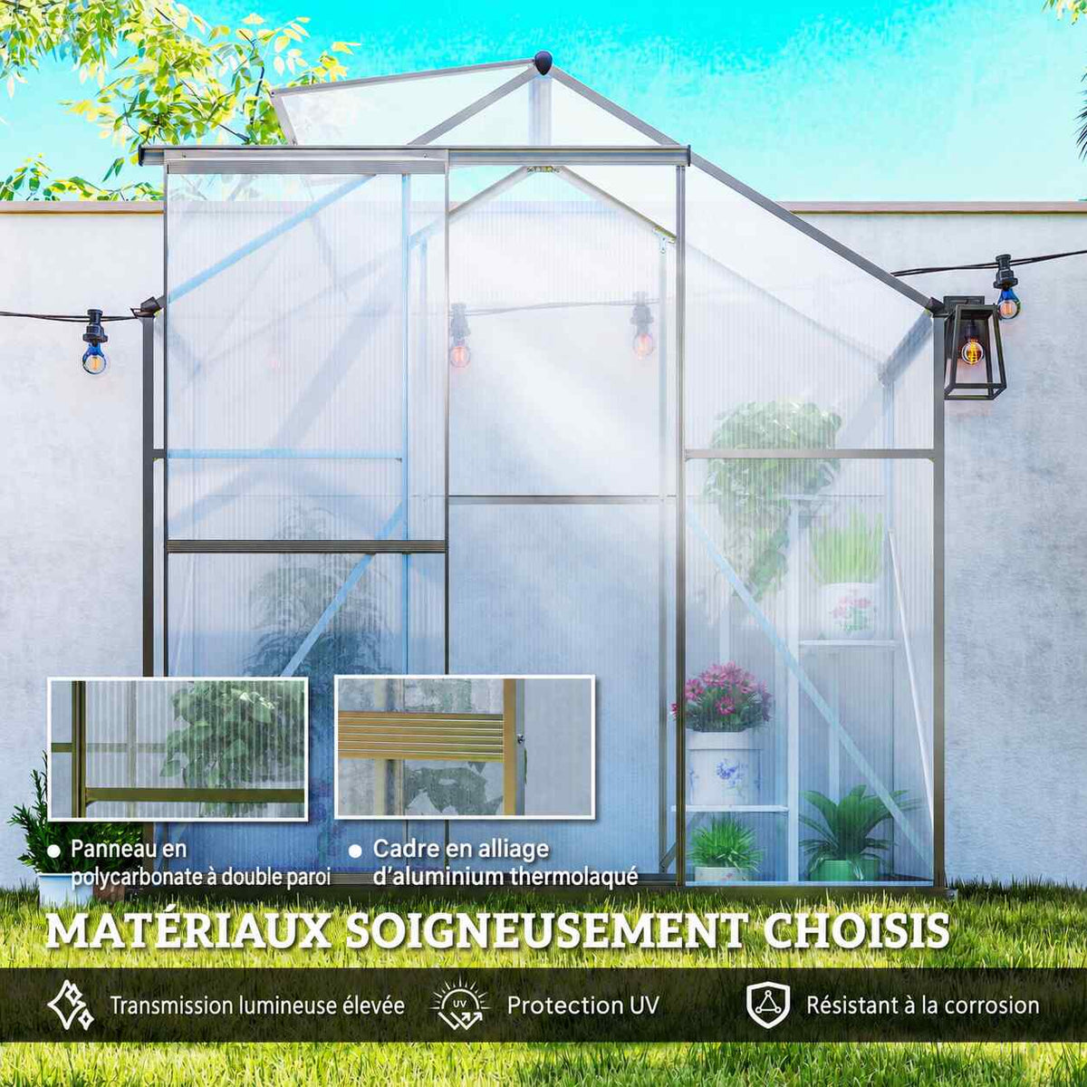 Serre étroite dans le jardin avec détails du panneau et de la structure