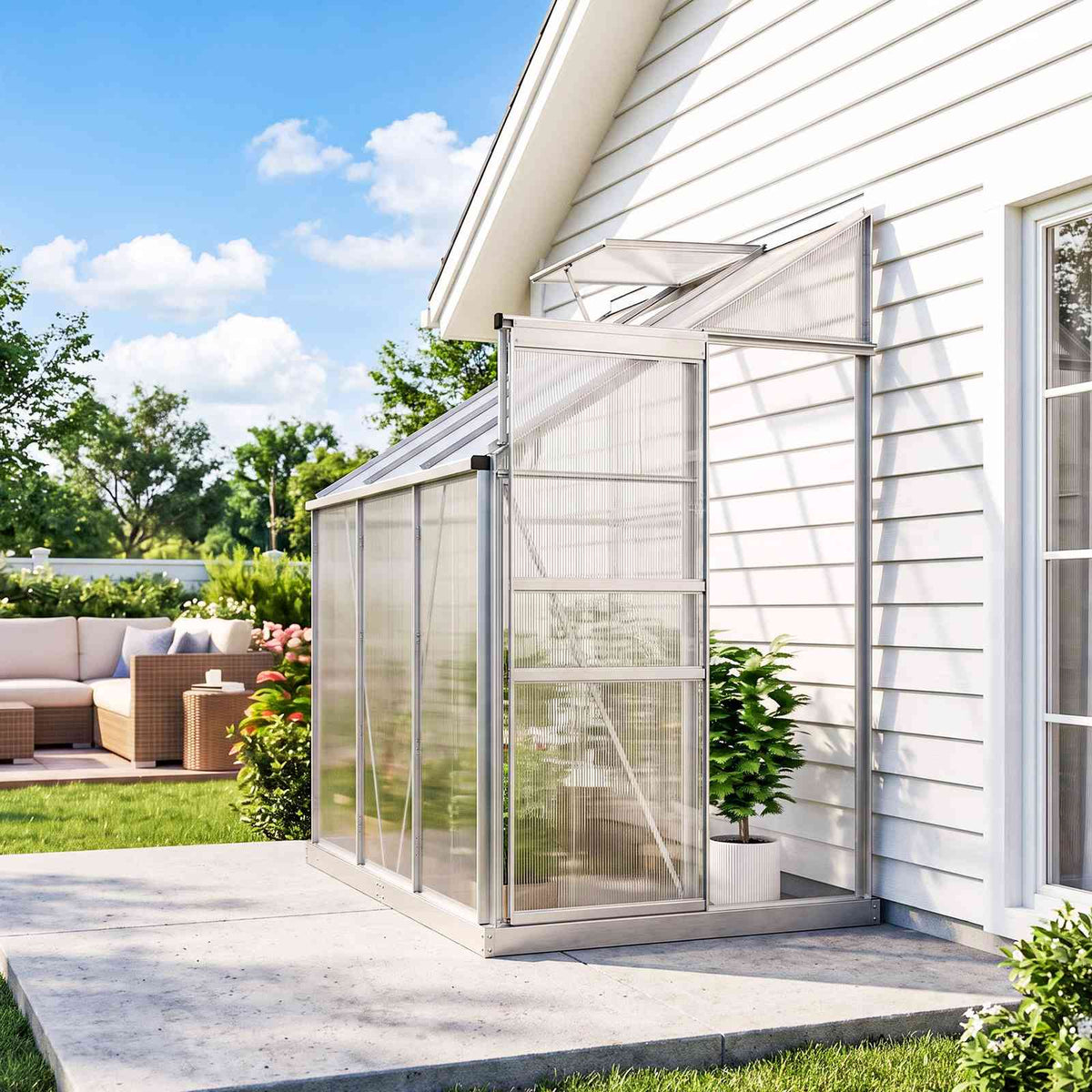 Serre adossée à une maison près d’un espace salon de jardin