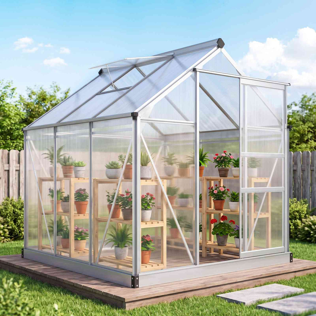 Serre argentée avec plantes sur étagères sur une terrasse en bois