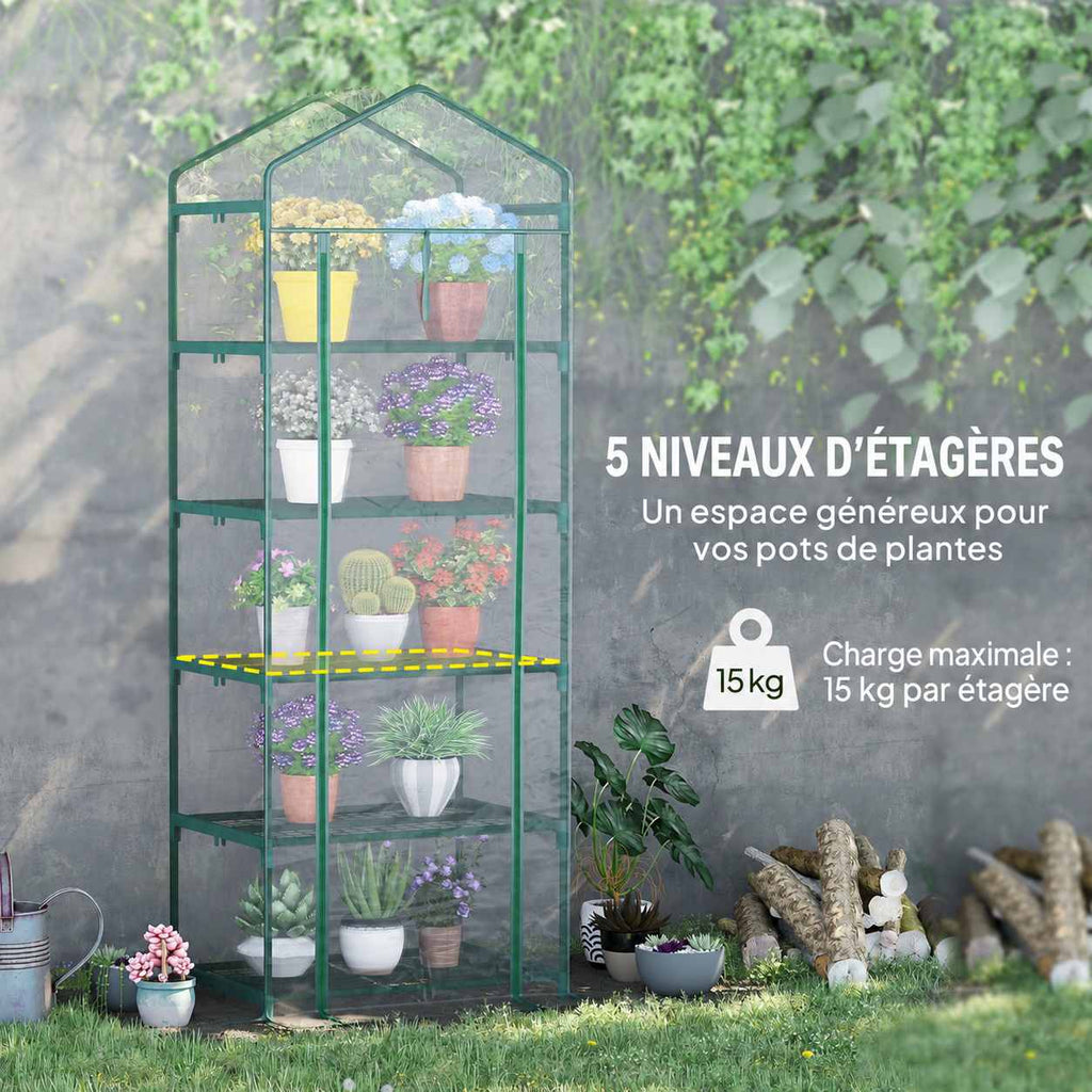 Serre à cinq niveaux garnis de pots de fleurs
