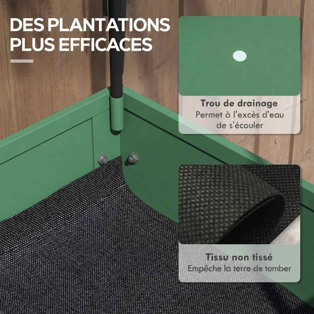 Intérieur du bac potager avec trou de drainage et toile de fond noire