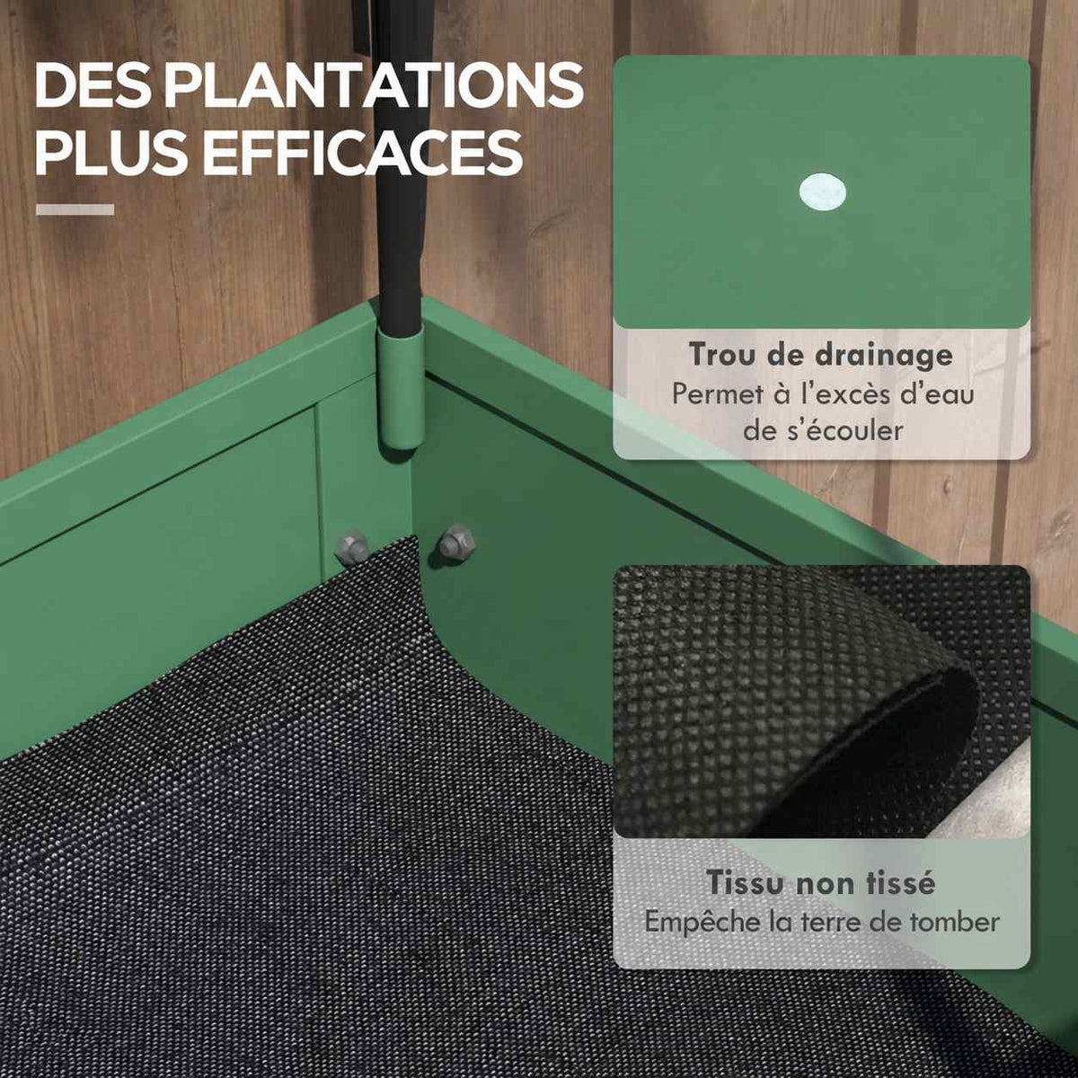 Intérieur du bac potager avec trou de drainage et toile de fond noire