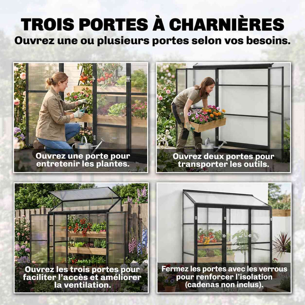 Illustrations des différentes ouvertures des trois portes de la serre adossée