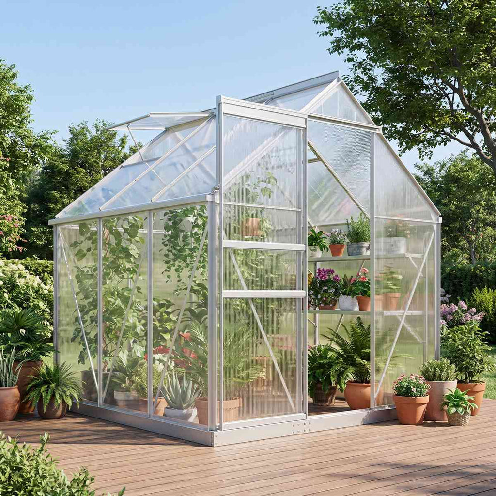 Serre argentée sur une terrasse avec plantes et porte ouverte