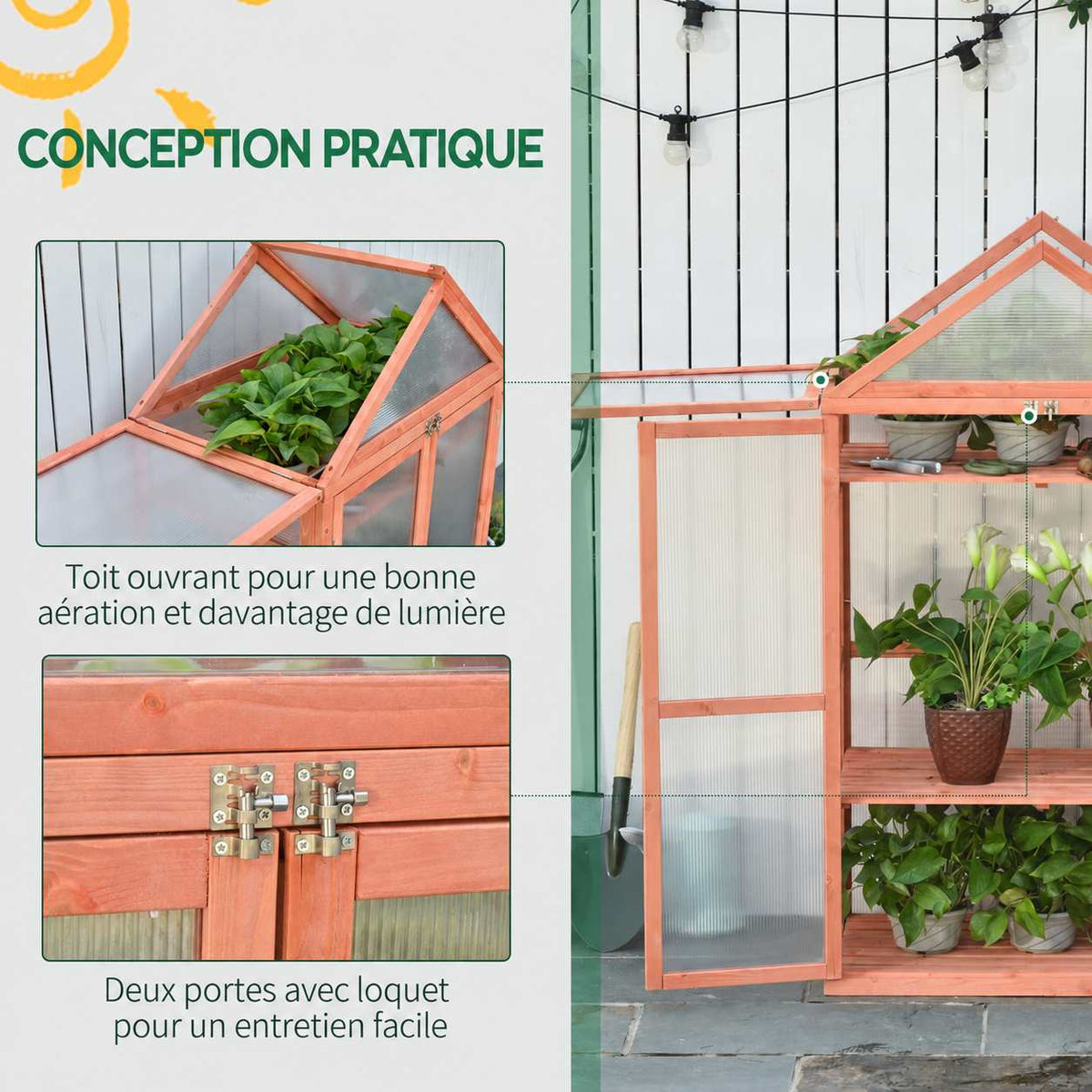 Toit ouvrant et double porte à loquets de la serre en bois brun