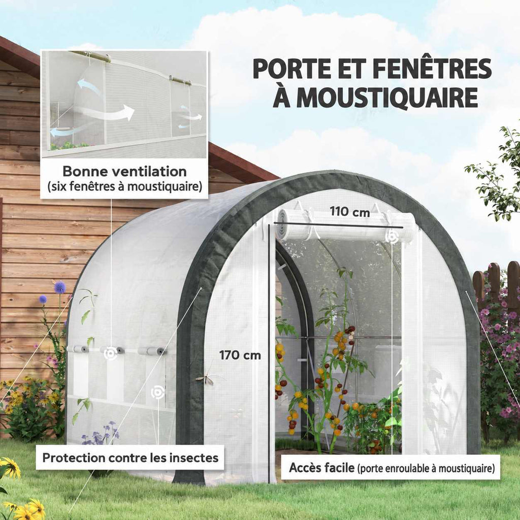 Détails de la porte et des fenêtres à moustiquaire de la serre tunnel blanche