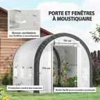 Détails de la porte et des fenêtres à moustiquaire de la serre tunnel blanche
