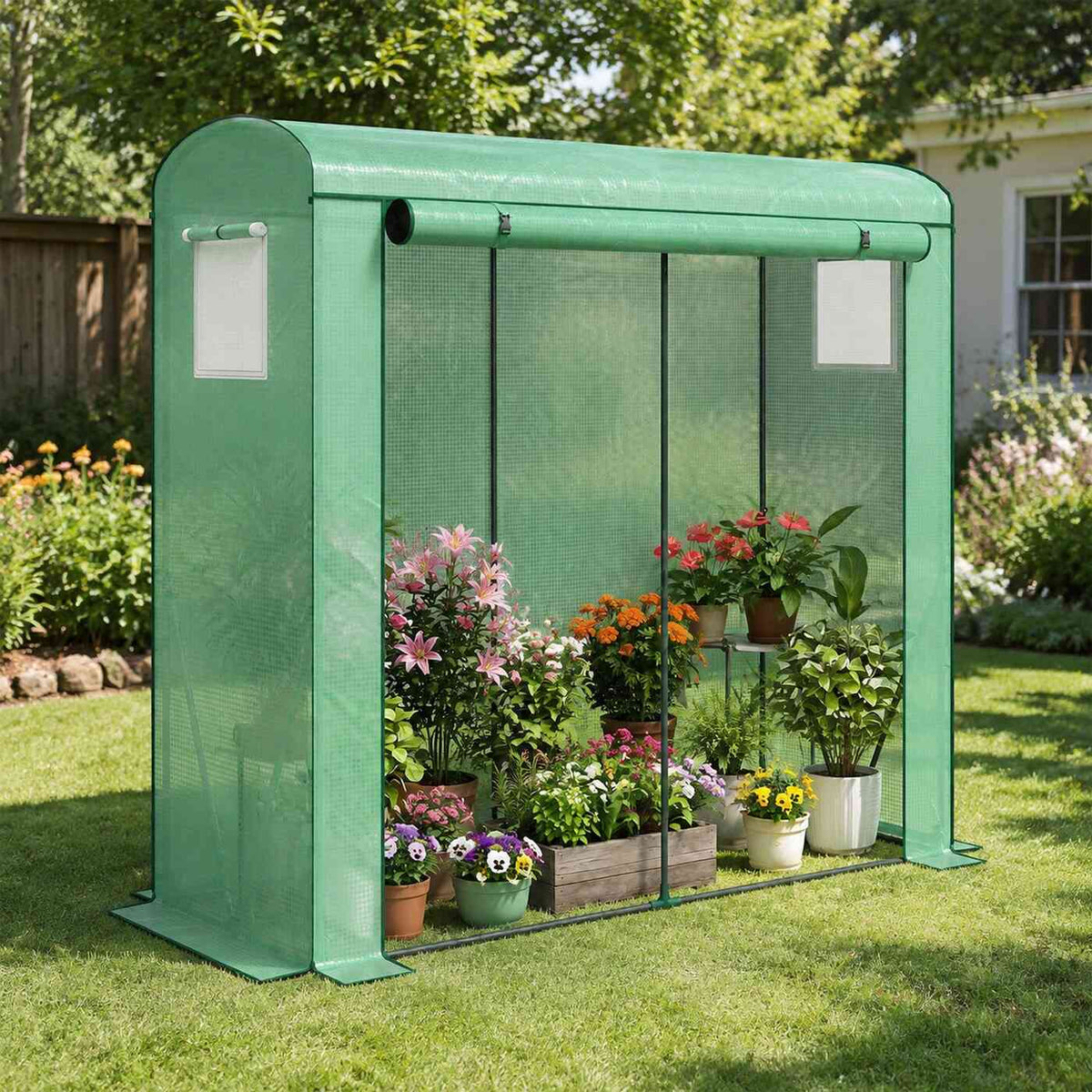 Serre verte contenant des fleurs en pots dans le jardin