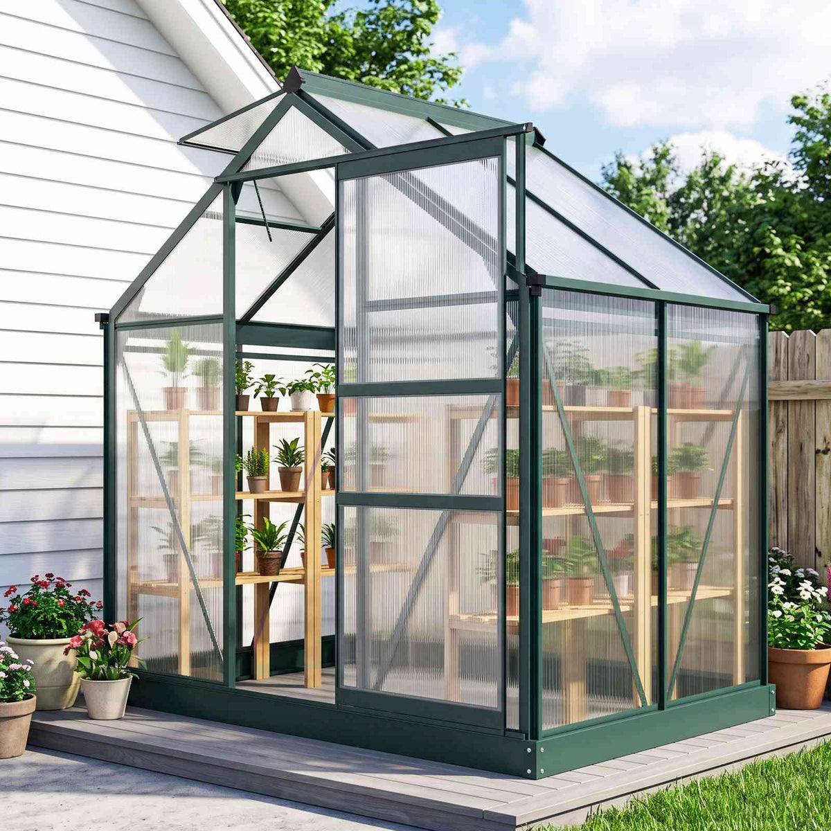 Serre vert foncé à étagères de plantes près d’une maison