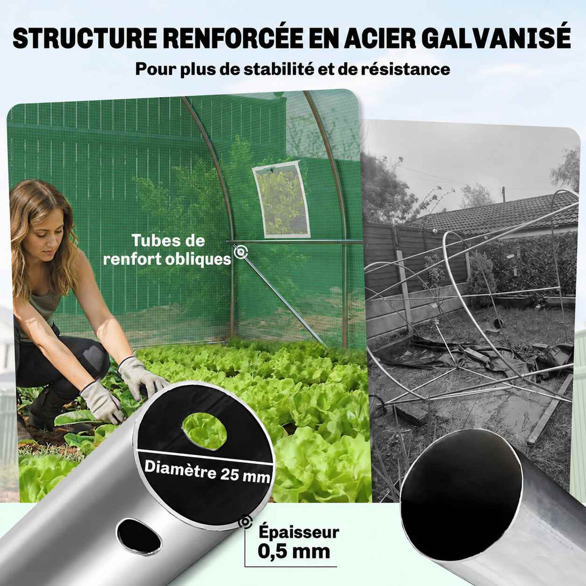 Détails des tubes et des renforts diagonaux de la serre tunnel