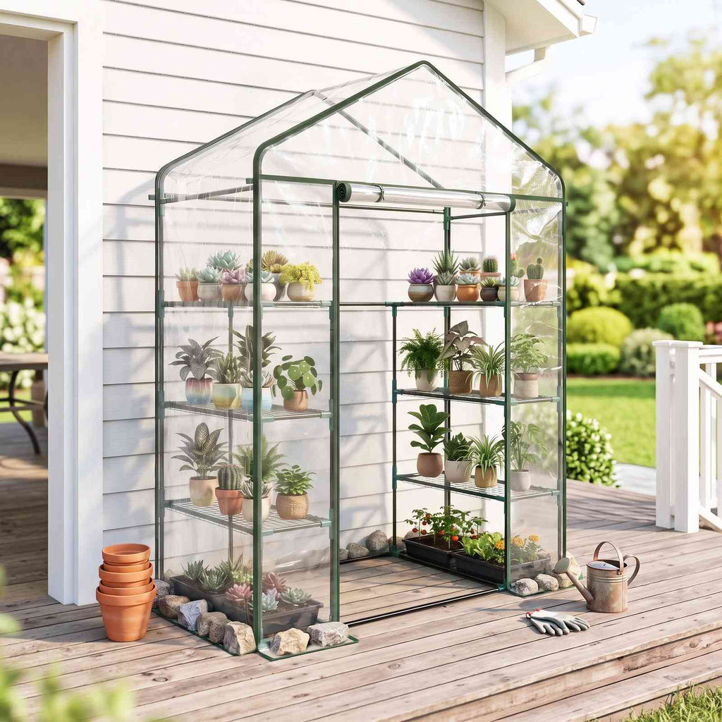 Serre transparente garnie de plantes sur une terrasse en bois