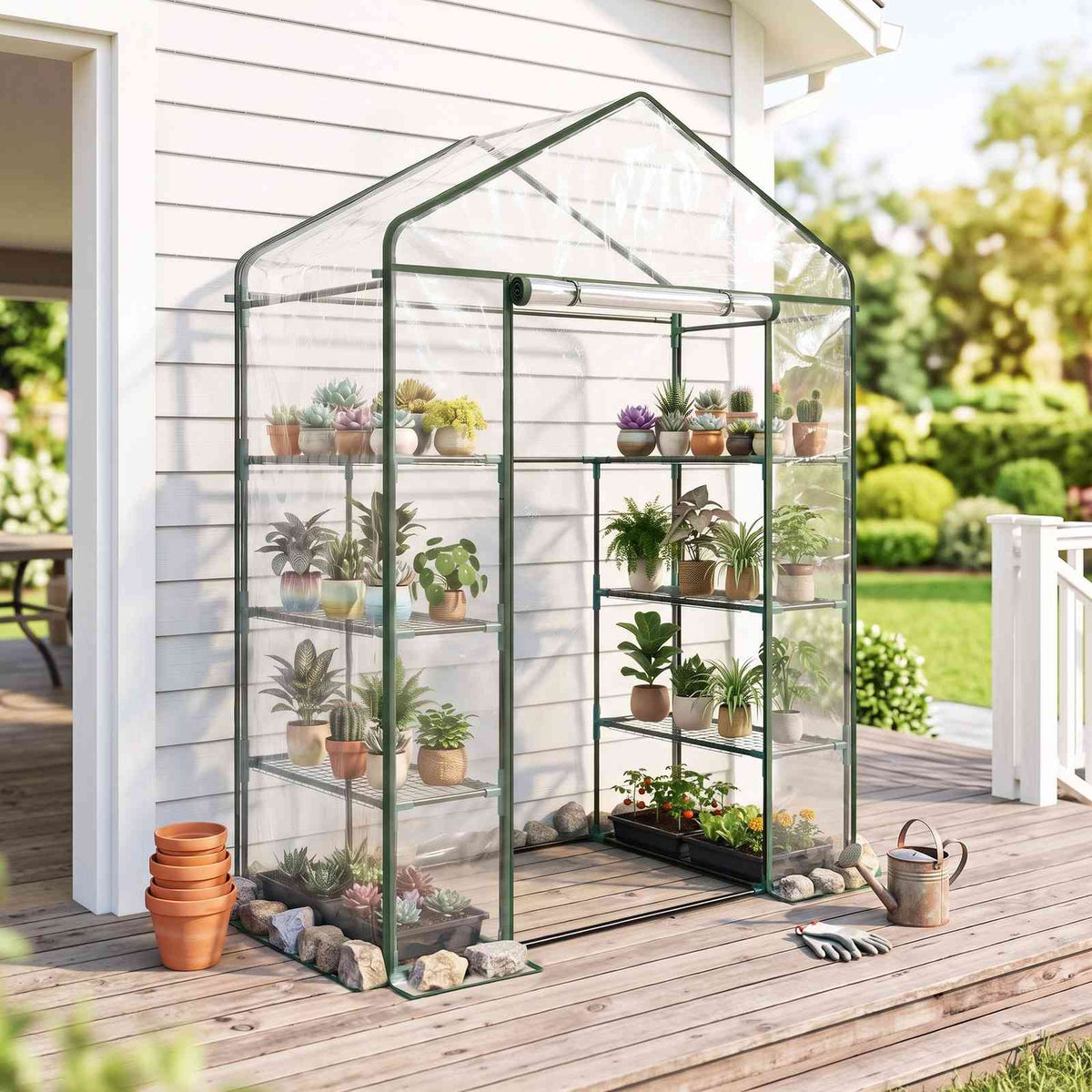 Serre transparente garnie de plantes sur une terrasse en bois