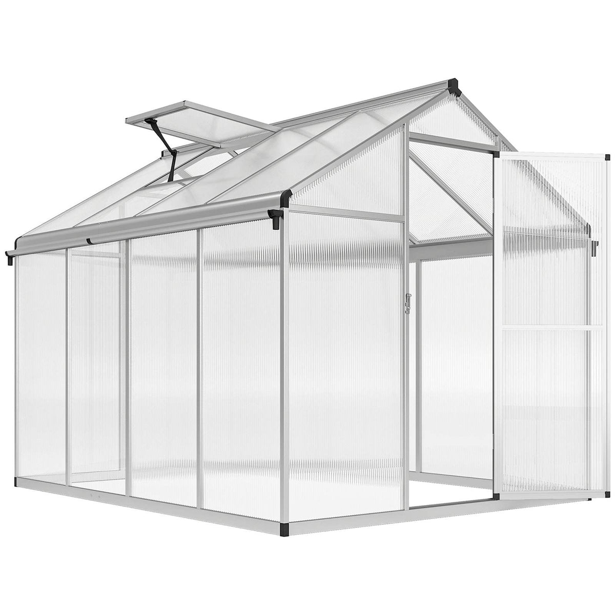 Serre en polycarbonate avec porte et lucarne ouvertes
