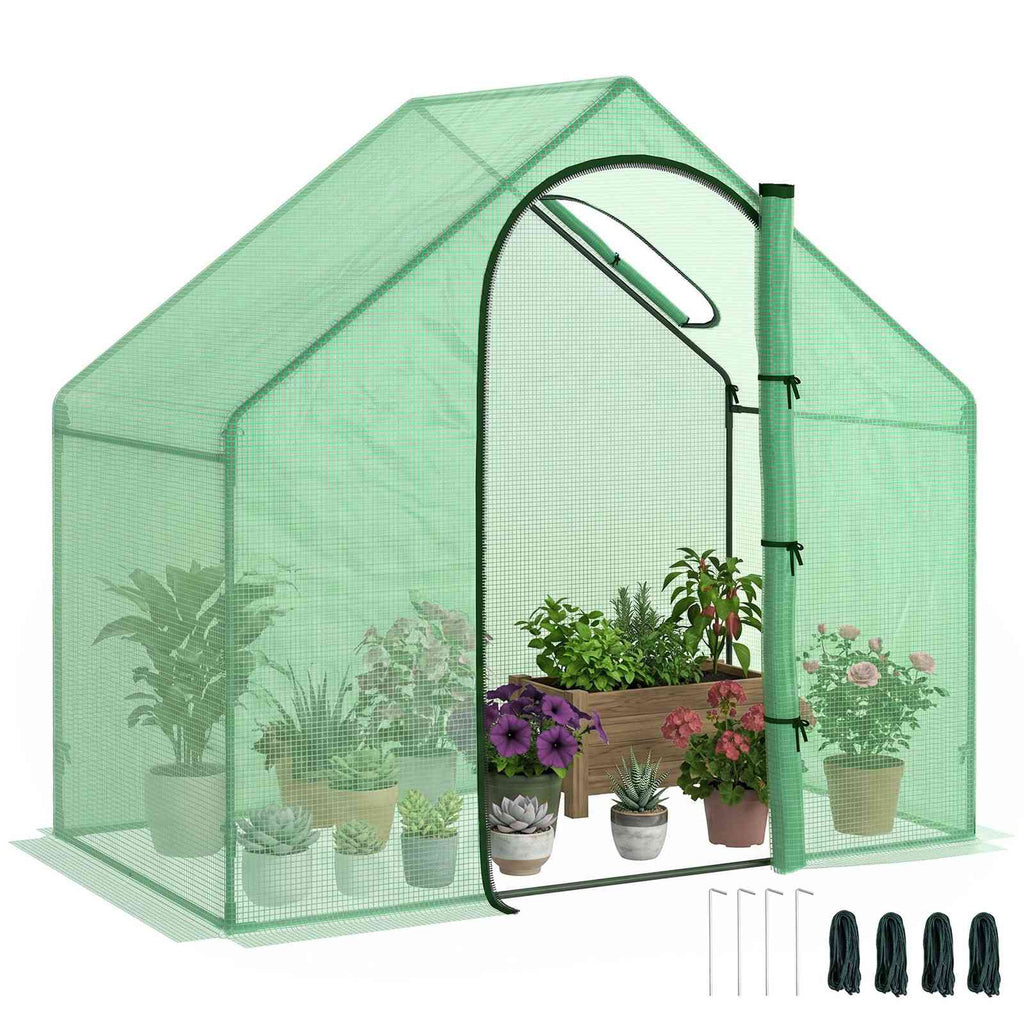Serre à tomates verte avec porte ouverte, plantes et piquets fournis