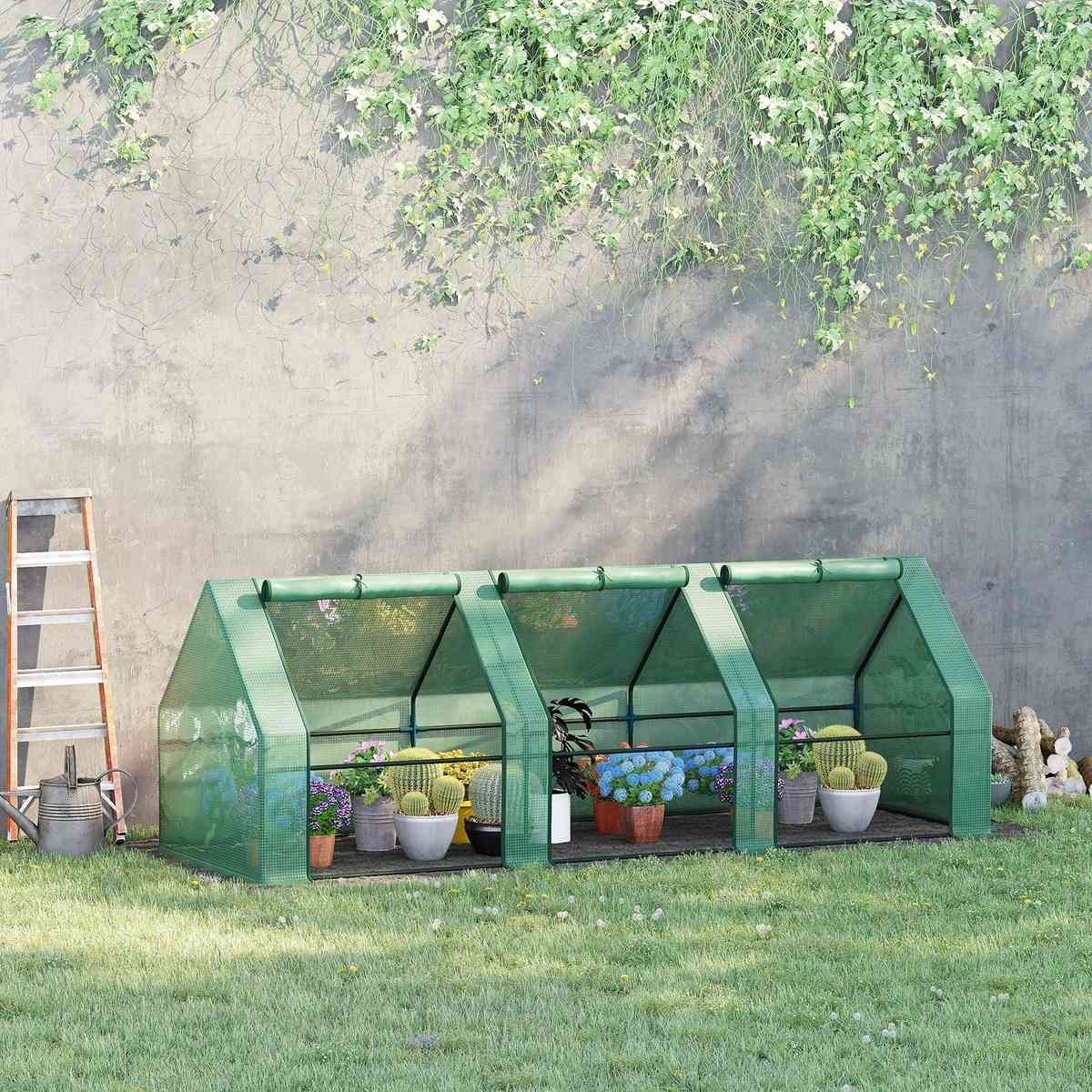 Mini-serre verte garnie de plantes en pots devant un mur