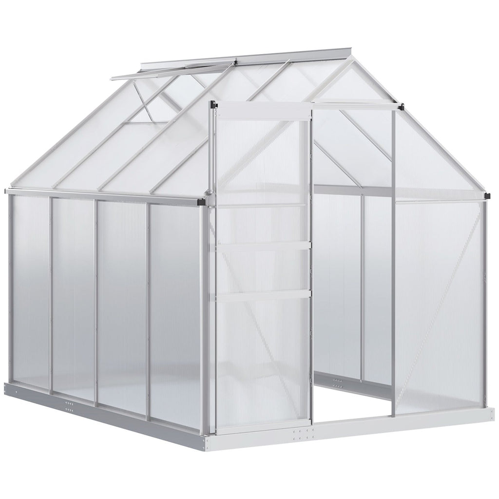 Serre en polycarbonate à cadre argenté, porte coulissante ouverte