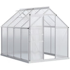 Serre en polycarbonate à cadre argenté, porte coulissante ouverte