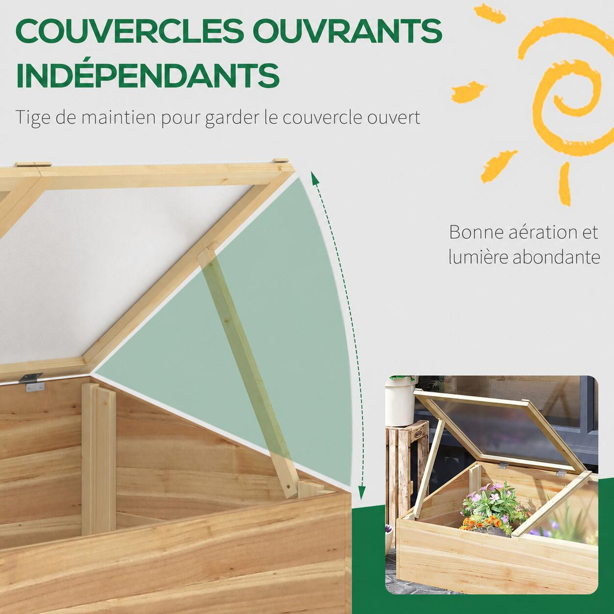 Couvercle du châssis de culture maintenu ouvert par une tige en bois