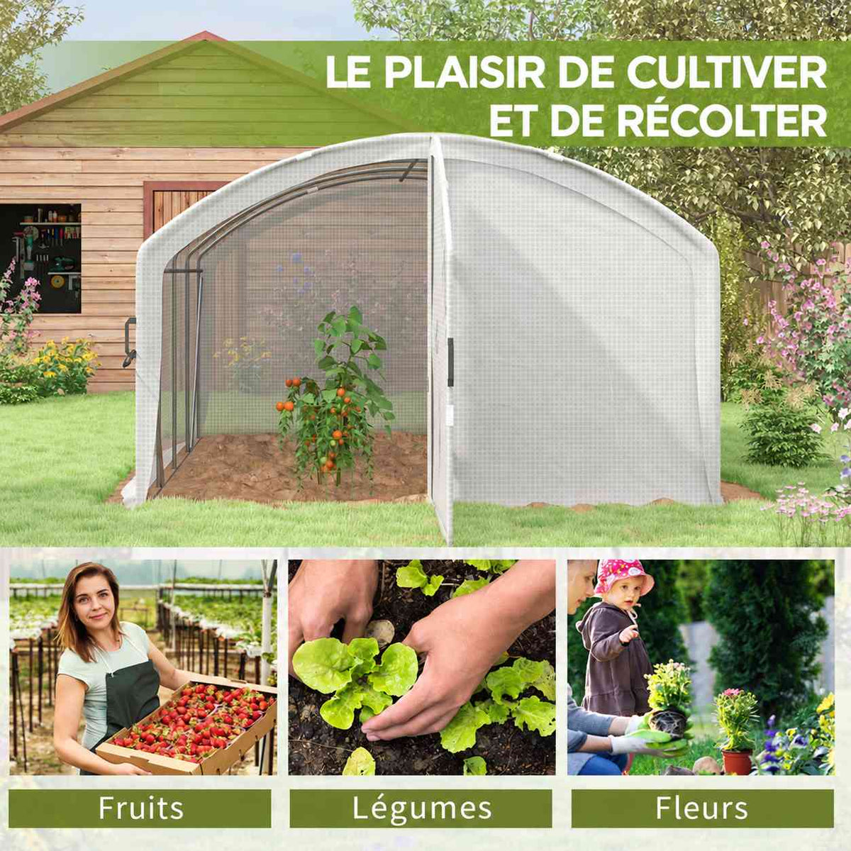 Serre blanche et scènes de récolte et de jardinage
