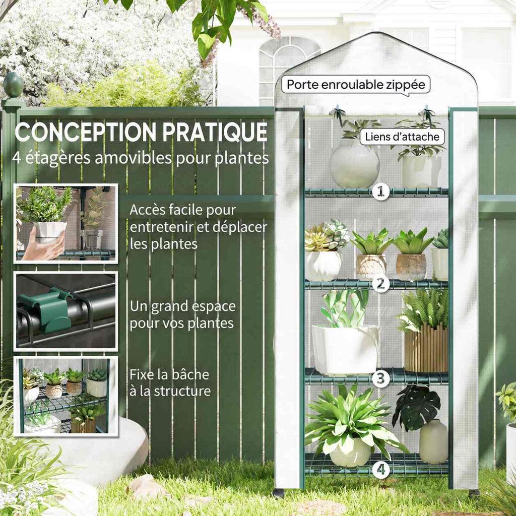 Quatre niveaux de plantes et détails des attaches de serre blanche