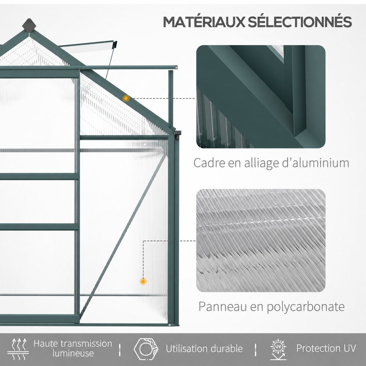 Détails du cadre en aluminium vert et des panneaux de la serre