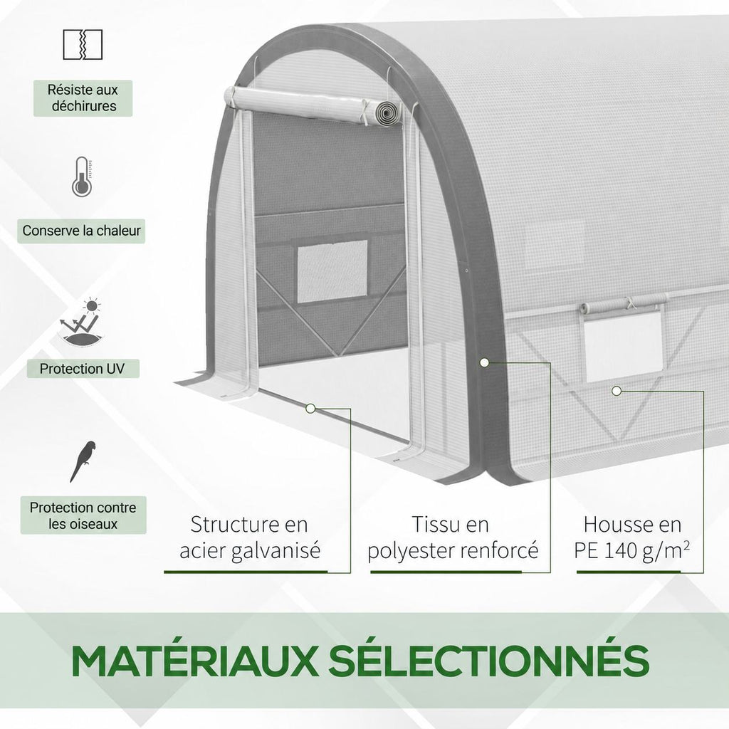 Détail de la bâche blanche et des bandes grises de la serre