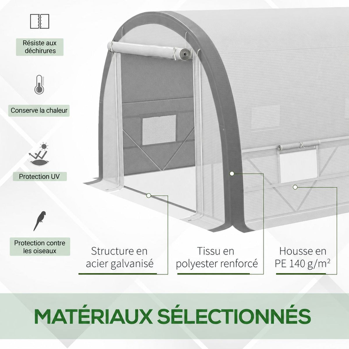 Détail de la bâche blanche et des bandes grises de la serre