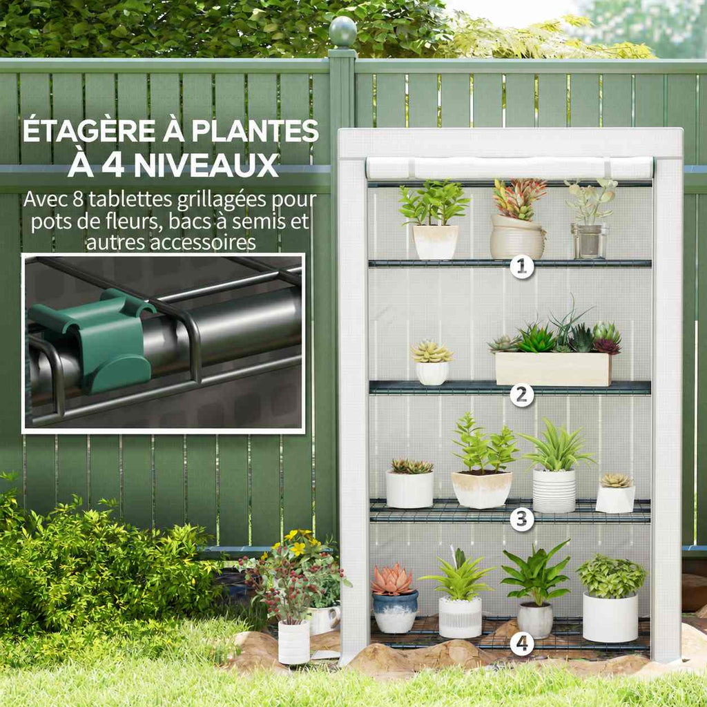 Serre de balcon à quatre étagères avec détail d’un raccord de l’armature