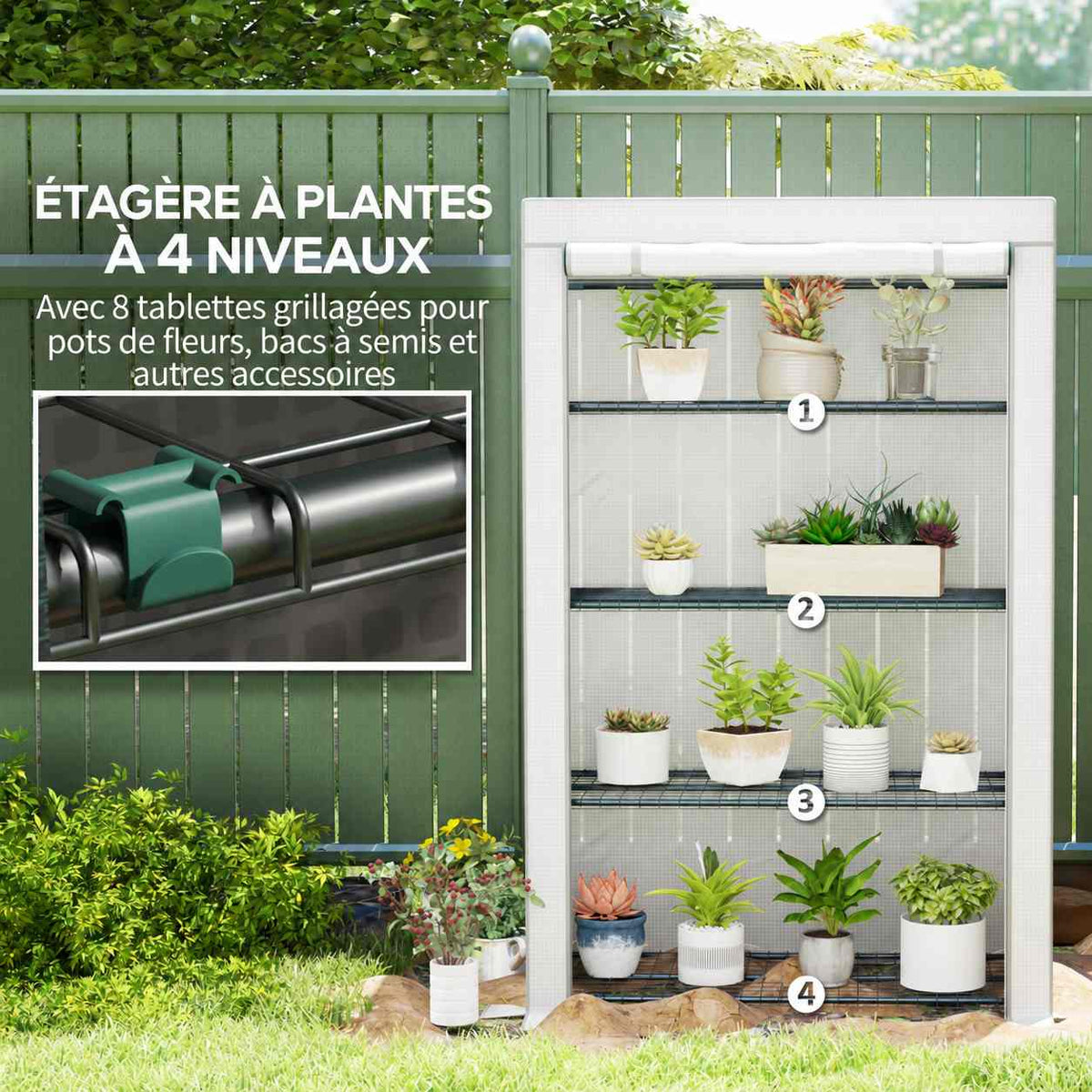 Serre de balcon à quatre étagères avec détail d’un raccord de l’armature