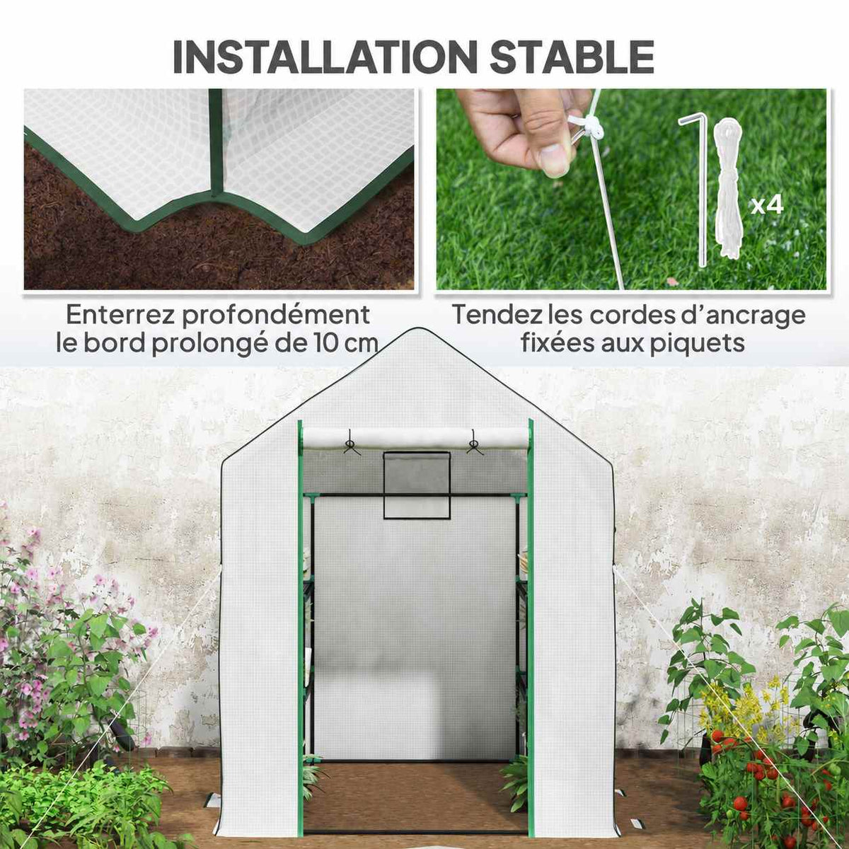 Serre blanche avec illustrations des haubans et du bord de housse à enterrer