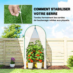 Petite serre blanche avec illustration du haubanage et des piquets de fixation