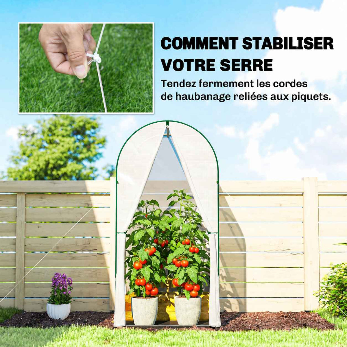Petite serre blanche avec illustration du haubanage et des piquets de fixation