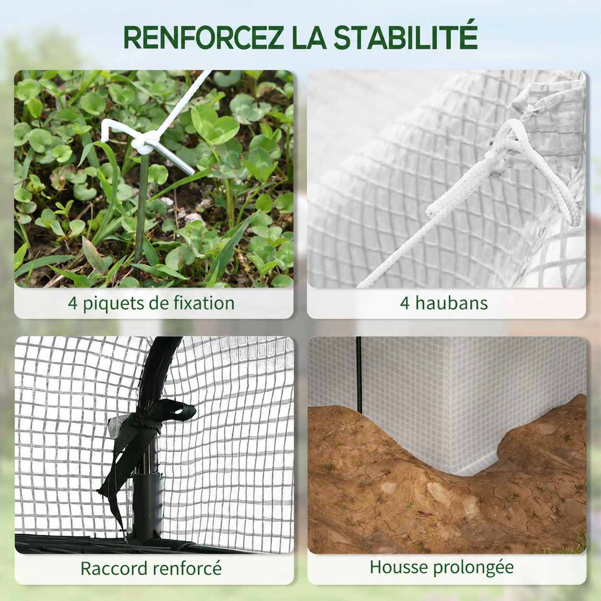 Détails des piquets, cordes, attaches et bord de housse