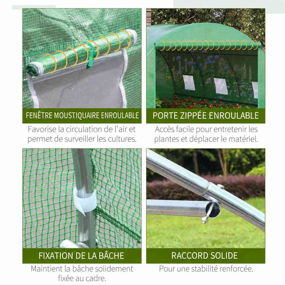 Fenêtres et porte enroulables, attaches et raccords de la serre